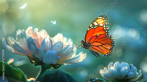Colorful Butterflies in Summer Nature, Floral Garden and Green Leaves, Vibrant and Bright Insect Life, Wildlife and Botanical Beauty Background © NURA ALAM