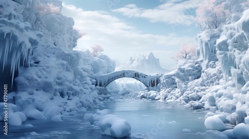 A network of ice bridges crosses a frozen river, connecting the snow-covered banks and offering a magical path through the winter landscape. 