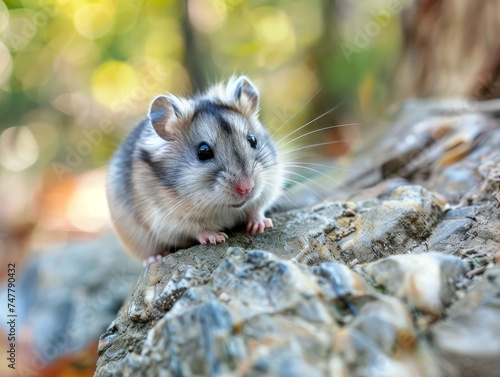 A grey hamster sits on a rock.