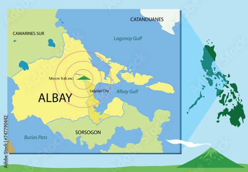 Map location of Popular tourist destination Mount Mayon located in Albay, Bicol Region showing an eruption or quake effect. Editable Clip art. photo