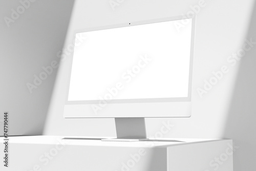modern 24 inch digital screen display monitor desktop computer responsive device realistic mockup design template on minimal platform composition 3d rendering illustration