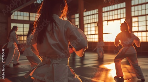 Martial artists practicing in a dojo during sunset. traditional karate training session captured. dynamic, inspirational martial arts practice. AI photo