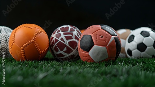 Variety of sports balls lined up on lush green grass. focus on textures and details. ideal for sports concepts and backgrounds. AI