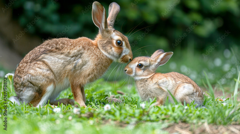 A hare and its young one share a quiet moment in a soft green meadow. A hare and its young one share a quiet moment in a soft green meadow.