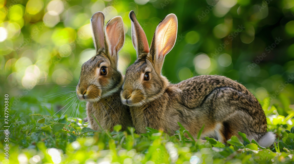 Two rabbits side by side in a green, leafy environment.