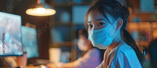 A young Asian woman is seated in front of a computer, wearing a face mask. She appears focused as she homeschools online, guided by her father due to COVID-19 restrictions. photo