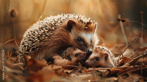 A mother hedgehog cuddles with her baby among autumn leaves. photo
