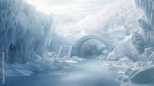 A network of ice bridges spans a frozen river, connecting the snow-covered banks and offering a magical pathway through the winter landscape. 
