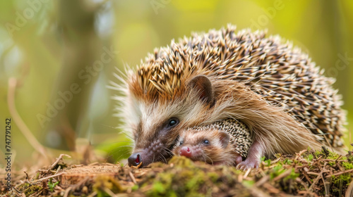 A mother hedgehog cuddles with her baby among autumn leaves.