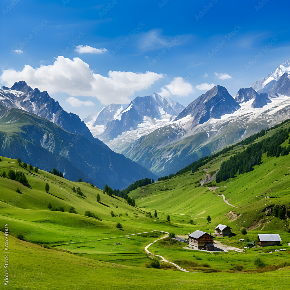Breathtaking Alpine Landscape - Snow-Kissed Mountains, Vast Green Meadows, and Serene Blue Skies