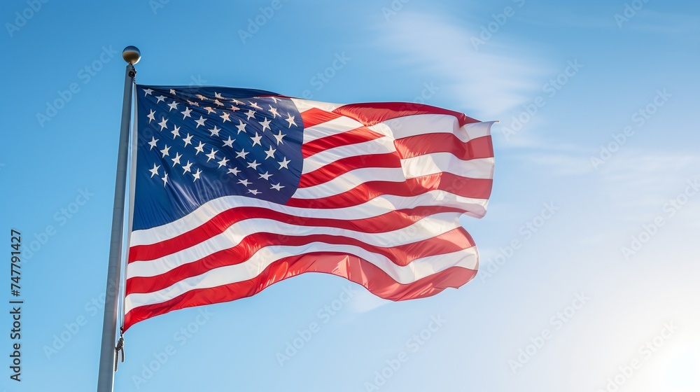 A panoramic view of the American flag waving proudly against a clear blue sky. A panoramic view of the American flag waving proudly against a clear blue sky.