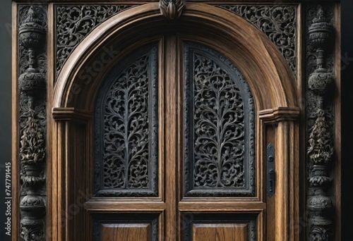 Weathered wooden church door with intricate gothic details adorns the ancient stone facade