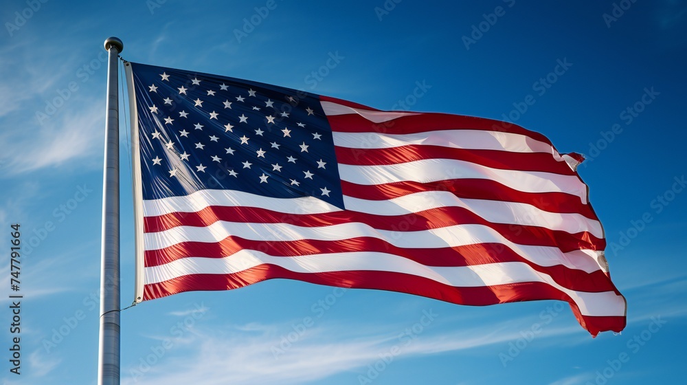 A panoramic view of the American flag waving against a clear blue sky, providing ample copy space. A panoramic view of the American flag waving against a clear blue sky, providing ample copy space.