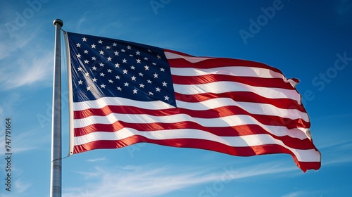 A panoramic view of the American flag waving against a clear blue sky, providing ample copy space.