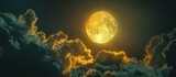 A vibrant yellow full moon shines brightly through the night sky, surrounded by growing dark clouds. The moons glow creates a mesmerizing scene in the sky.