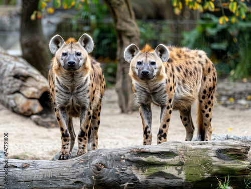 Two vigilant spotted hyenas curiously staring in front of them.