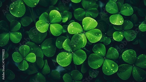 Close-up of green clover leaves with water droplets.