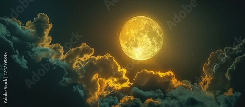 A vibrant yellow full moon shines brightly through the night sky, surrounded by growing dark clouds. The moons glow creates a mesmerizing scene in the sky. photo