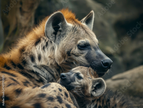 An endearing moment between a spotted hyena and its cub, sharing a tender nuzzle.