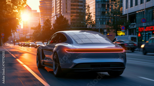 Modern electric sedans have solar panels on the back to charge them with renewable energy from the sun while driving on the road
