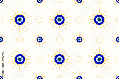 Evil eye seamless pattern. Turkish and Greek blue bead symbol. Magic nazar and ethnic circle amulet for luck. Vector spiritual ornament