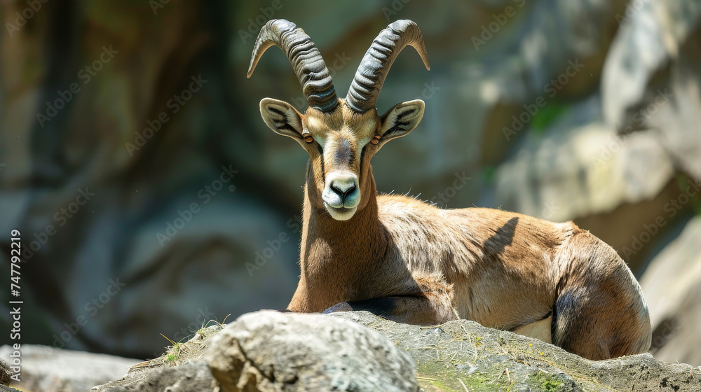 A poised ibex with majestic horns rests atop a rock, gazing into the distance. A poised ibex with majestic horns rests atop a rock, gazing into the distance.