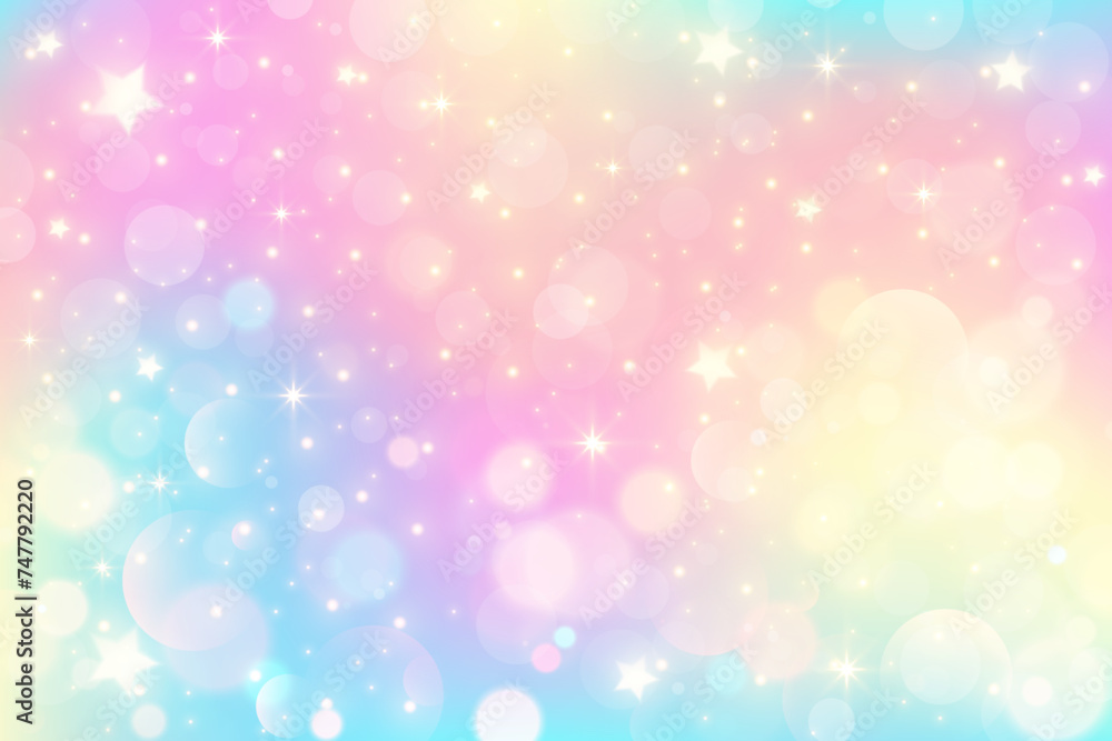 Rainbow gradient sky background. Unicorn space with glitter and stars. Holographic pastel magic texture with bokeh. Vector wallpaper