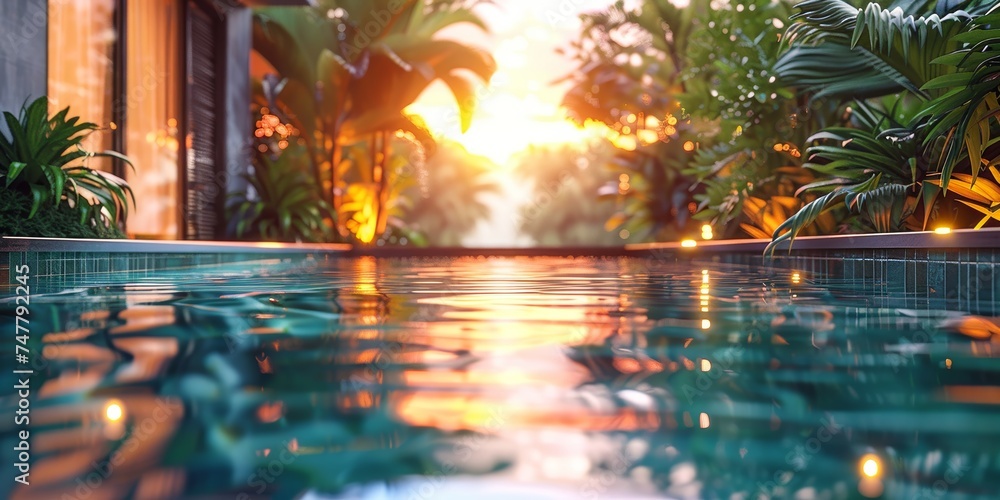Sunset reflections on tranquil pool water surrounded by lush tropical foliage