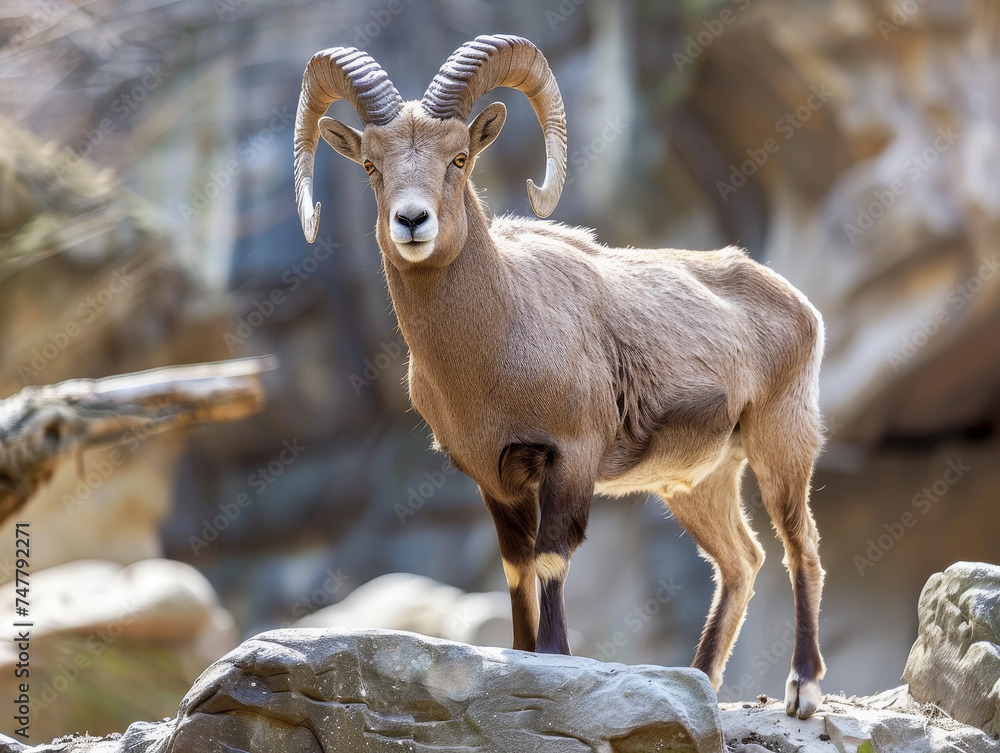A poised ibex with majestic horns stands atop a rock, gazing into the distance.