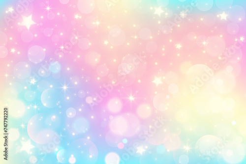 Rainbow gradient sky background. Unicorn space with glitter and stars. Holographic pastel magic texture with bokeh. Vector wallpaper