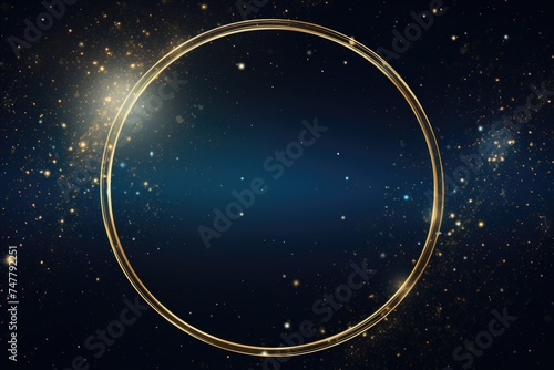 Golden ring frame on a dark blue background with sparkling dust.