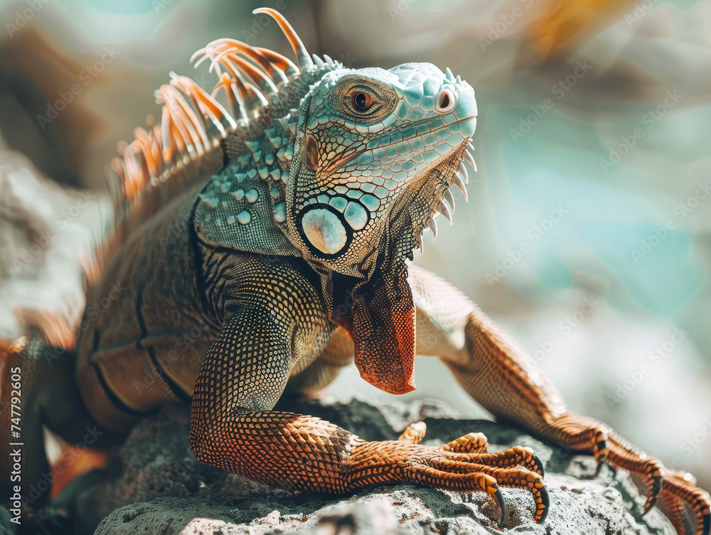 Fototapeta premium A green iguana lounges on a rock with a lush background.