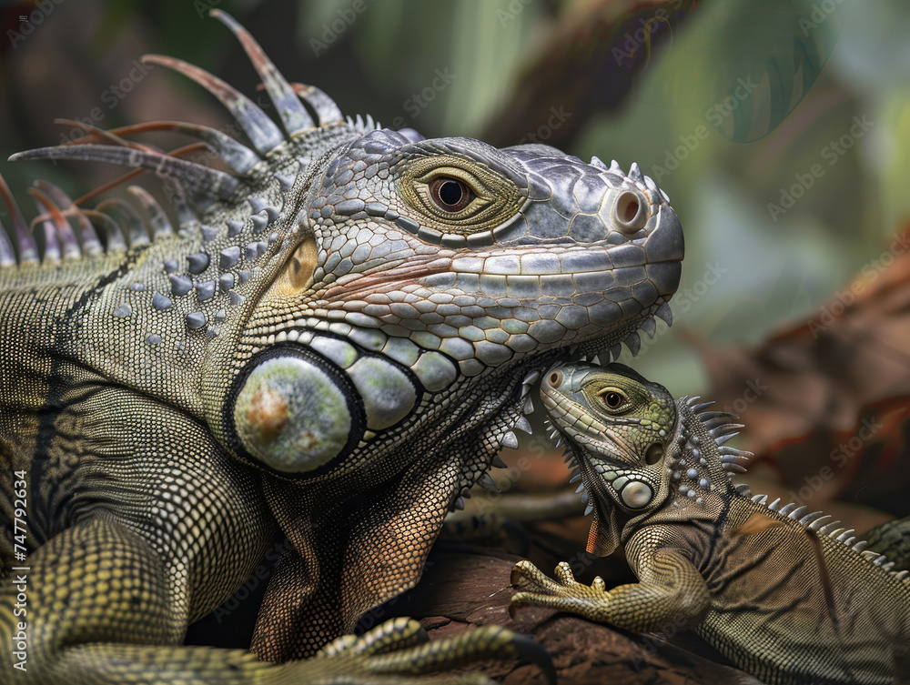 Fototapeta premium Intimate moment of brown mother iguana and its baby.