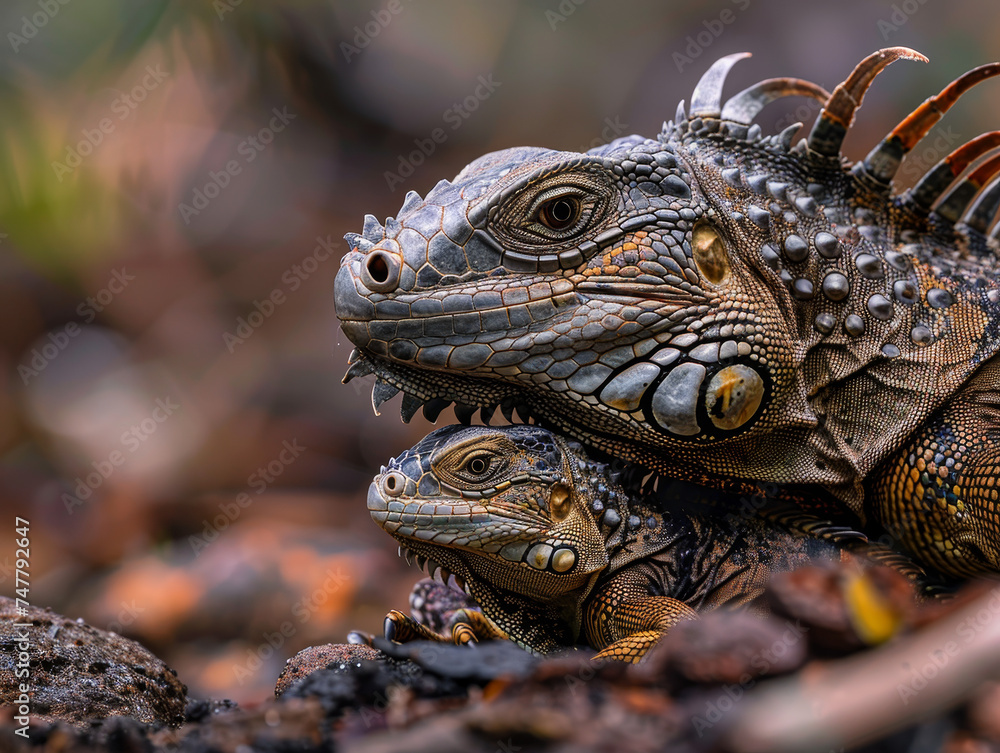 Fototapeta premium Intimate moment of brown mother iguana and its baby.