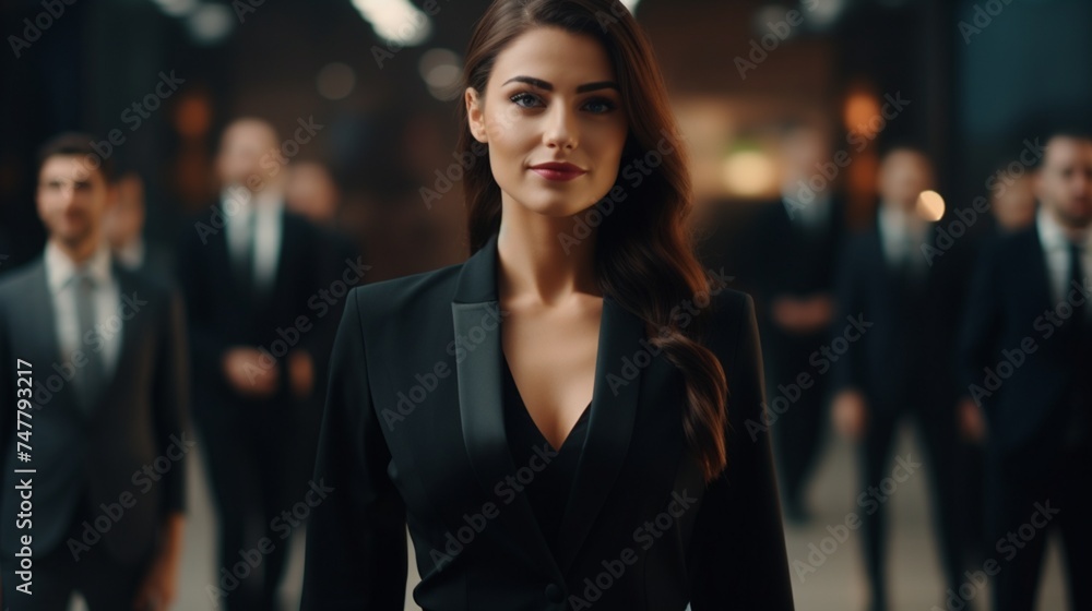 An elegant woman in a black two-piece suit confidently leading a business meeting