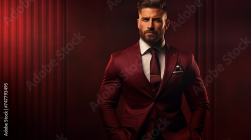 Against a deep burgundy background, a professional stands tall in their business attire