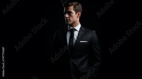 A person in a business suit stands confidently against a sleek black background