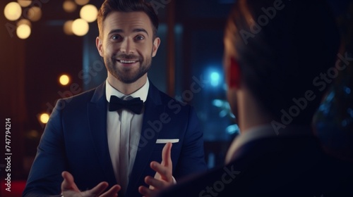A businessman in a classic navy blue suit confidently presenting a proposal to clients