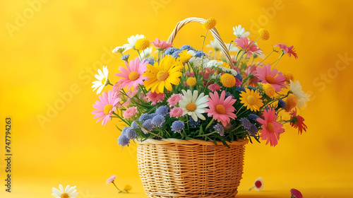 Basket of colourful wildflowers flowers on a yellow background