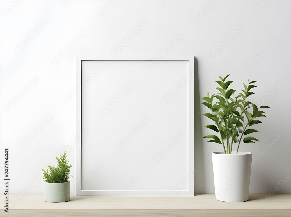 A realistic-looking plant on a shelf with a white frame A realistic-looking plant on a shelf with a white frame
