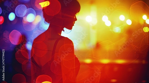 A woman in a nightclub, her figure illuminated by the soft glow of neon lights, captured in the style of a vintage film photograph
