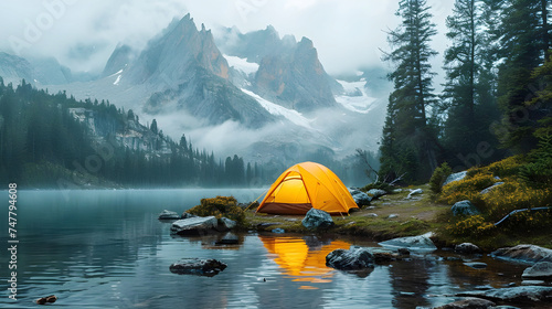 A camping tent at dusk high in the mountains Bright, extremely precise, incredibly lifelike, with a keen focus and vibrant hues © Arif