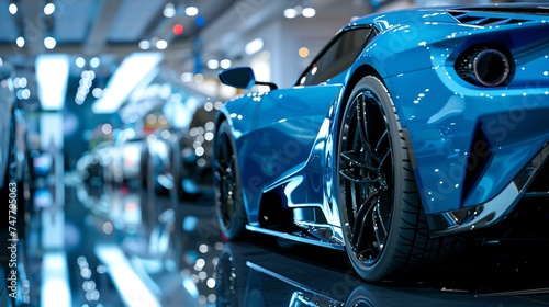 Sleek blue sports car showcased in an auto expo. modern design and luxury concept. perfect for auto enthusiasts and adverts. AI © Irina Ukrainets