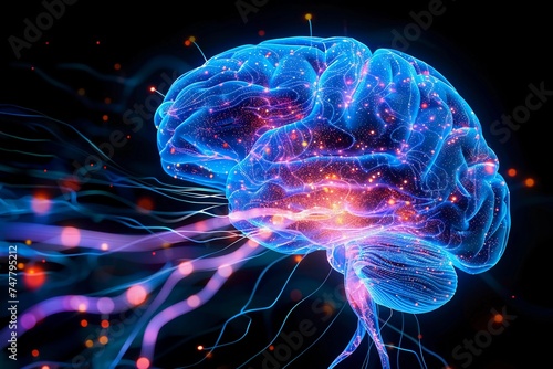 Dynamic Neon Glowing Brain With Flowing Wires On Black Background. Connectivity, Brain Function, and Artificial Intelligence. Futuristic Cyber Style. AI Generative.