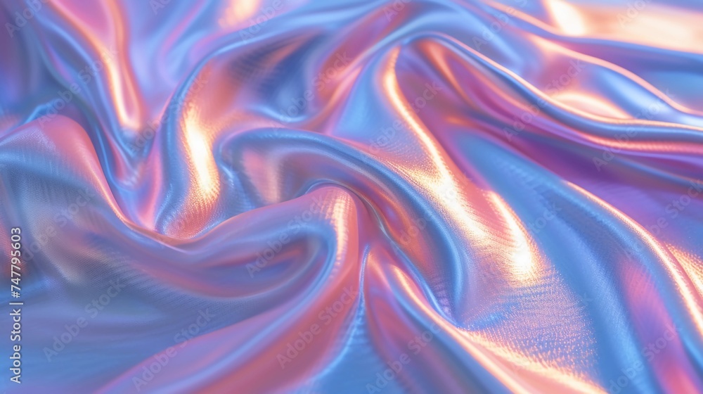 Iridescent Crinkled Fabric with smooth, flowing waves. Soft and dreamy mix of pastel purple, pink, gold, and peach. Tranquil and surreal abstract background. AI Generated