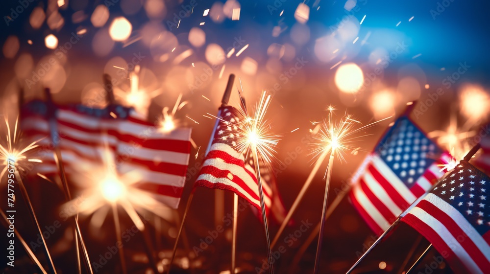 Bright burning sparklers against American flag, closeup - obrazy, fototapety, plakaty 