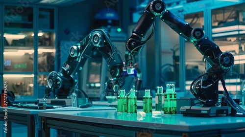Precision robotics at work in a high-tech lab setting, with robotic arms handling delicate tasks among green glass vials. The controlled environment reflects meticulous attention to detail. AI