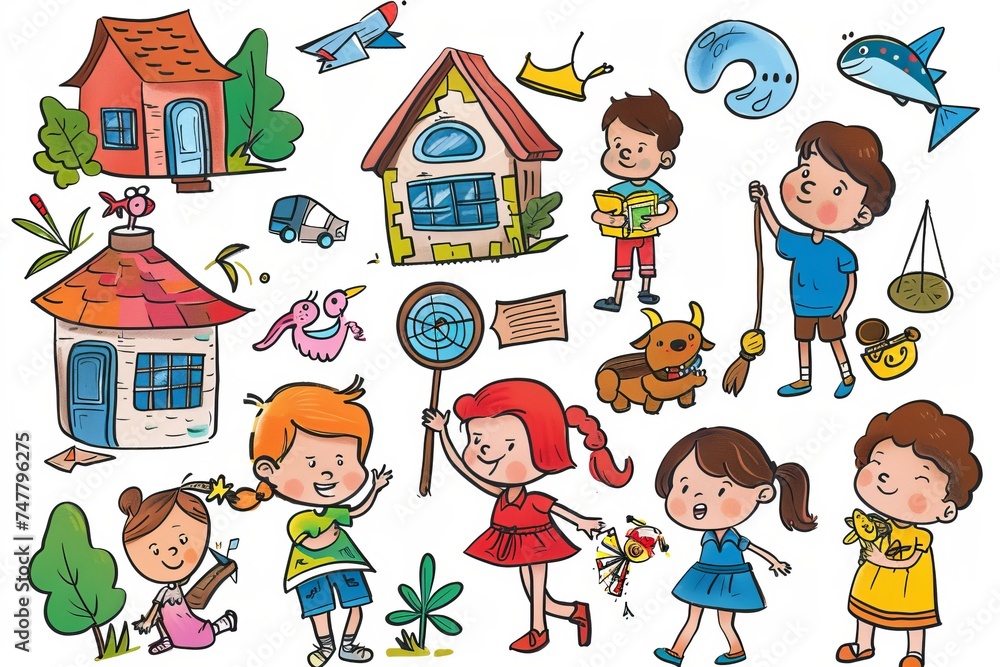 Cartoon cute doodles of kids having a scavenger hunt around the house with clues and hidden treasures, Generative AI Cartoon cute doodles of kids having a scavenger hunt around the house with clues and hidden treasures, Generative AI