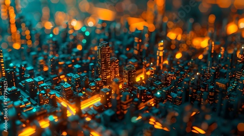 Futuristic cyber cityscape: neon glows illuminate a complex circuit board metropolis. ideal for technology and urban themes. AI