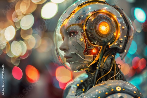 face of female humanoid android Artificial Intelligence mechanical robot be creative Have an understanding of orders It has the most advanced operating system Robot innovations  future cyber punk tone